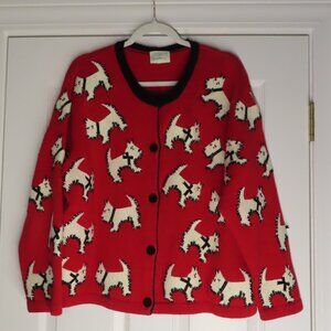 Susan Bristol Red Cardigan with White Dog Pattern